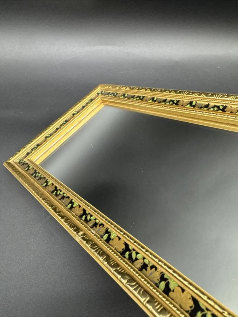 Vintage Floral Ornate Gold Narrow Rectangle Wall Gallery Mirror 15.25x5.25”